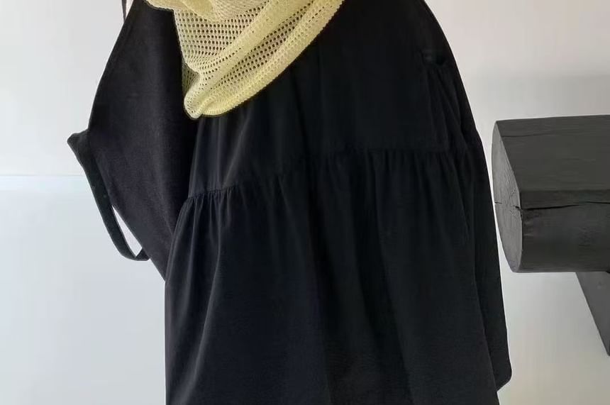 Perforated V-Neck Knit Top with Long Sleeves