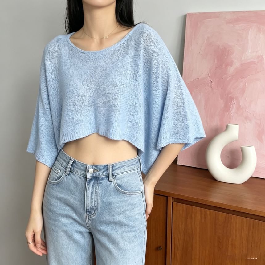 Cropped Boatneck Knit Tee with Three-Quarter Sleeves