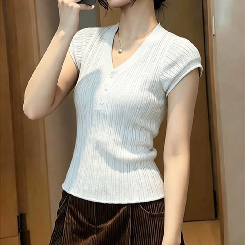 Henley V-Neck Knit Top with Short Sleeves