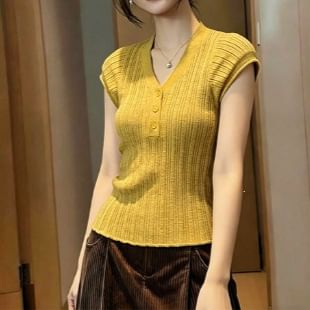 Henley V-Neck Knit Top with Short Sleeves