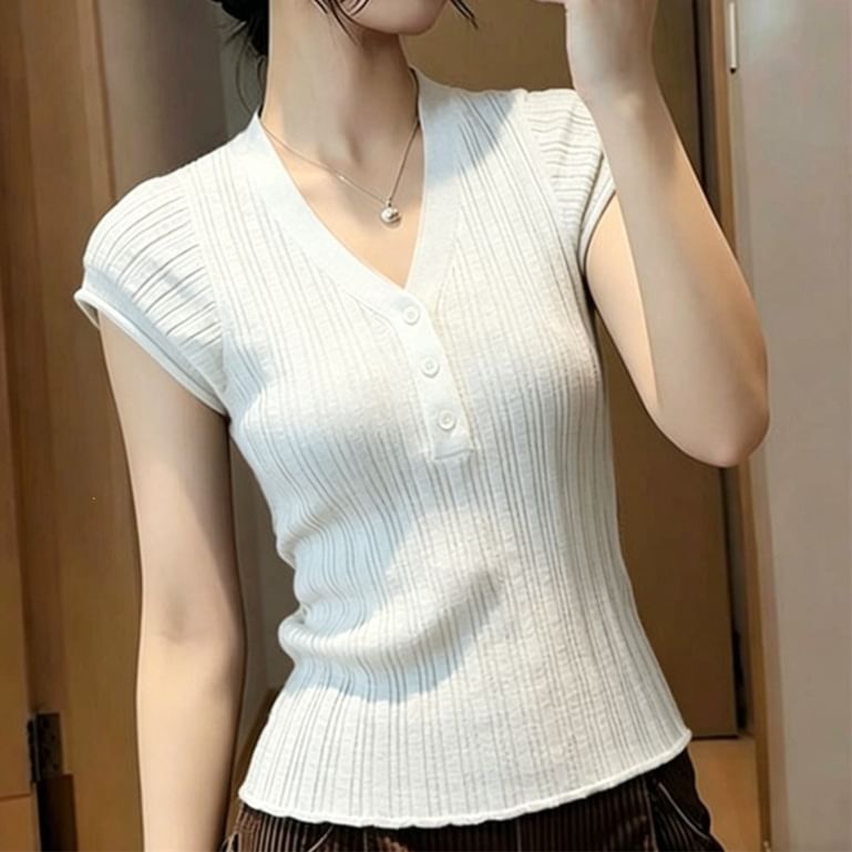 Henley V-Neck Knit Top with Short Sleeves