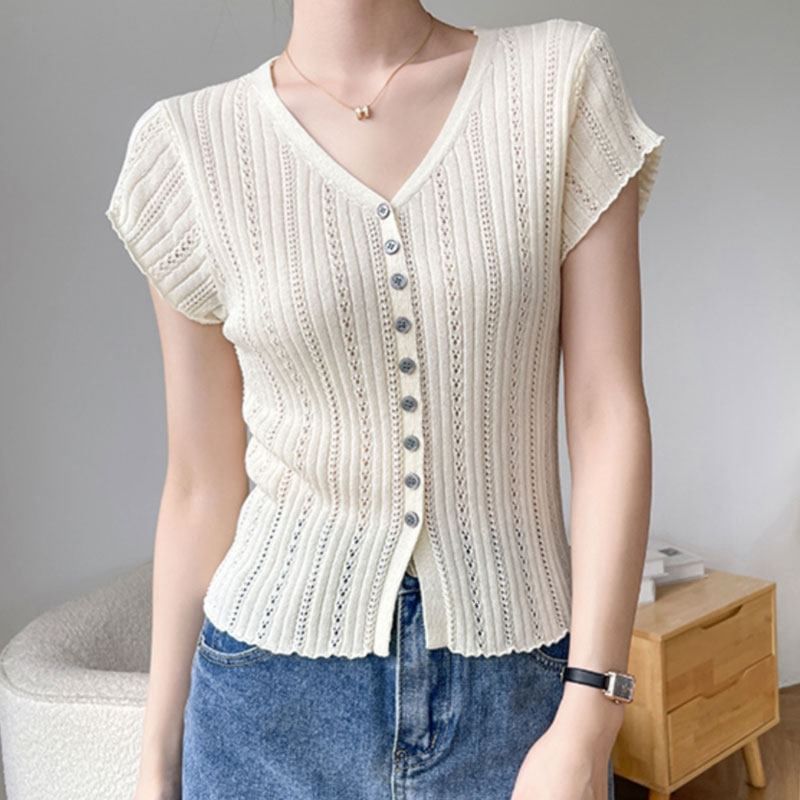 V-Neck Cap Sleeve Eyelet Knit Blouse with Buttons