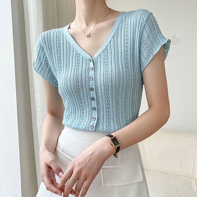 V-Neck Cap Sleeve Eyelet Knit Blouse with Buttons