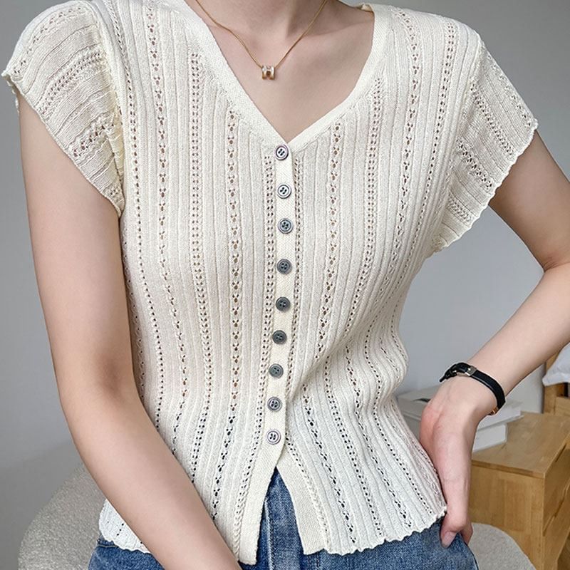 V-Neck Cap Sleeve Eyelet Knit Blouse with Buttons