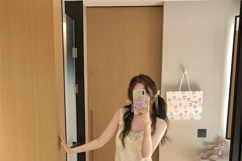 V-Neck Lace Panel Camisole with Shorts and Straight Pants Set