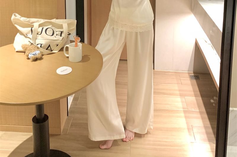 V-Neck Lace Panel Camisole with Shorts and Straight Pants Set