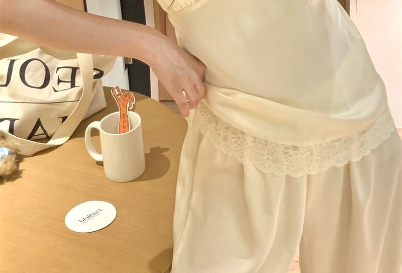 V-Neck Lace Panel Camisole with Shorts and Straight Pants Set