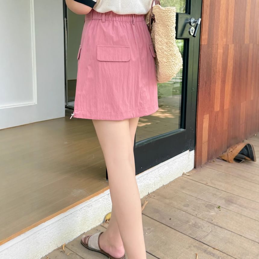 [XL-4XL]High Waist Plain Pocket Detail Mini A-Line Skirt