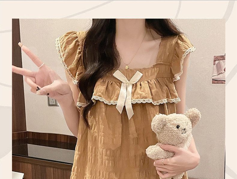 Pajama Set: Cap-Sleeve Square Neck Lace Trim Padded Top + Shorts