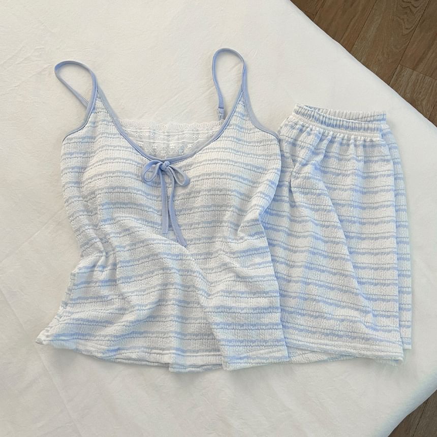 Pajama Set: Scoop Neck Striped Lace Panel Padded Camisole Top + Shorts