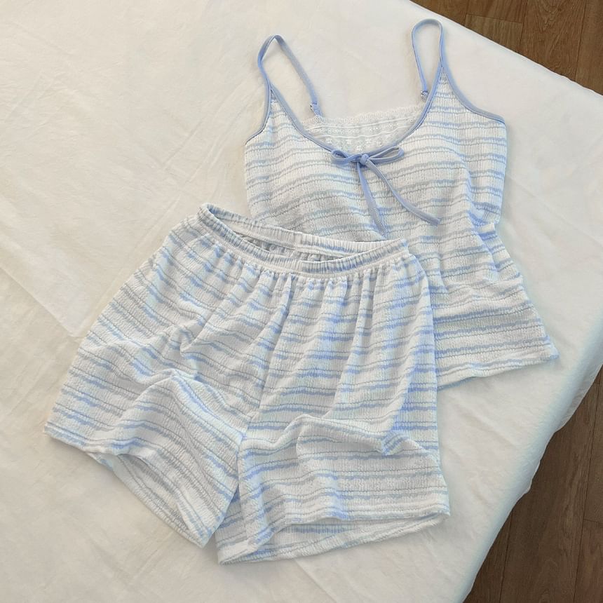 Pajama Set: Scoop Neck Striped Lace Panel Padded Camisole Top + Shorts