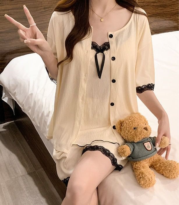 Pajama Set: Elbow-Sleeve Crew Neck Lace Trim Button-Up Jacket + V-Neck Padded Camisole Top + Shorts