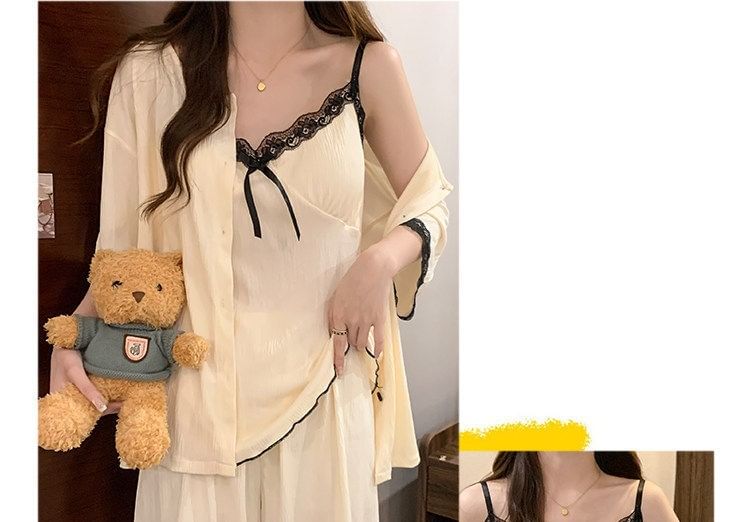 Pajama Set: Elbow-Sleeve Crew Neck Lace Trim Button-Up Jacket + V-Neck Padded Camisole Top + Shorts