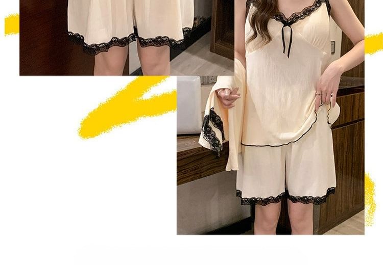 Pajama Set: Elbow-Sleeve Crew Neck Lace Trim Button-Up Jacket + V-Neck Padded Camisole Top + Shorts