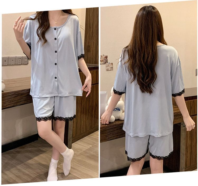 Pajama Set: Elbow-Sleeve Crew Neck Lace Trim Button-Up Jacket + V-Neck Padded Camisole Top + Shorts