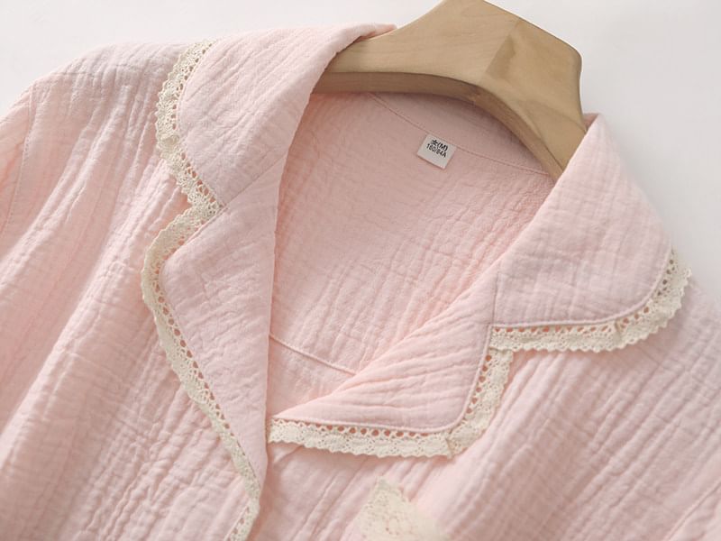 Pajama Set: Long-Sleeve Lapel Collar Lace Trim Button-Up Top + Pants
