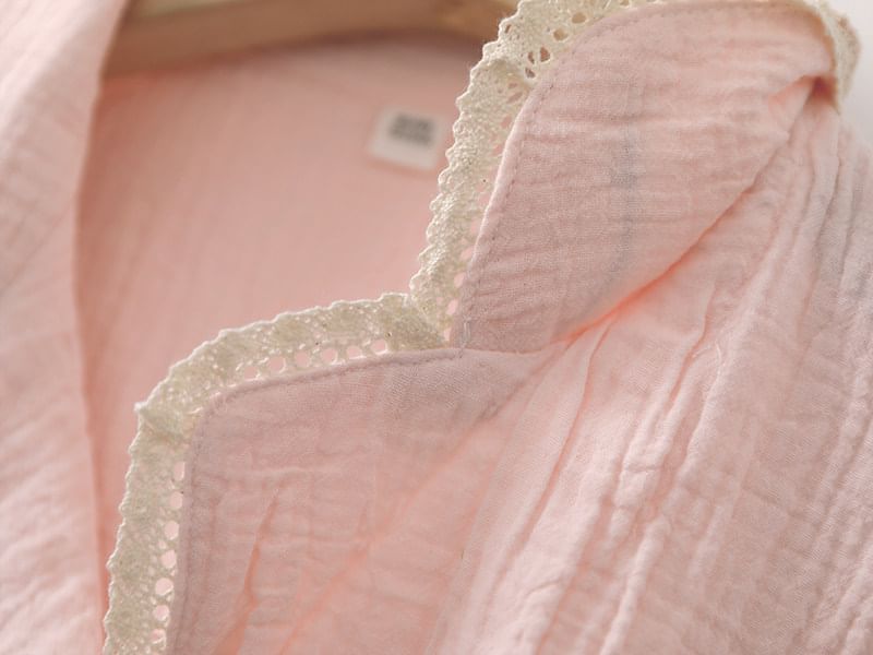 Pajama Set: Long-Sleeve Lapel Collar Lace Trim Button-Up Top + Pants