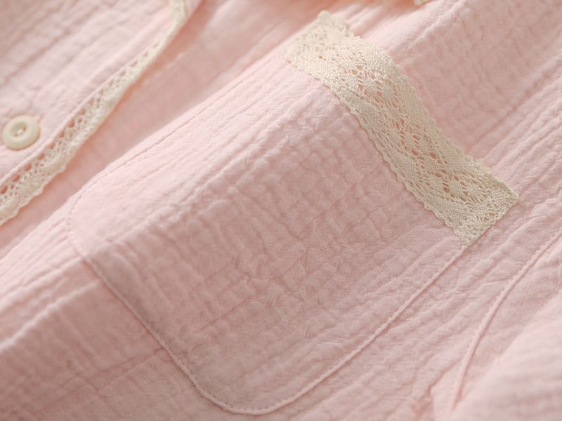 Pajama Set: Long-Sleeve Lapel Collar Lace Trim Button-Up Top + Pants
