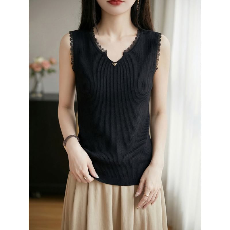 Sleeveless Notch Neck Plain Ribbed Knit Top
