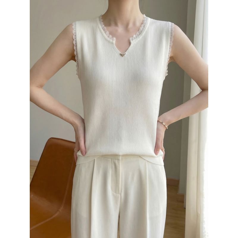 Sleeveless Notch Neck Plain Ribbed Knit Top