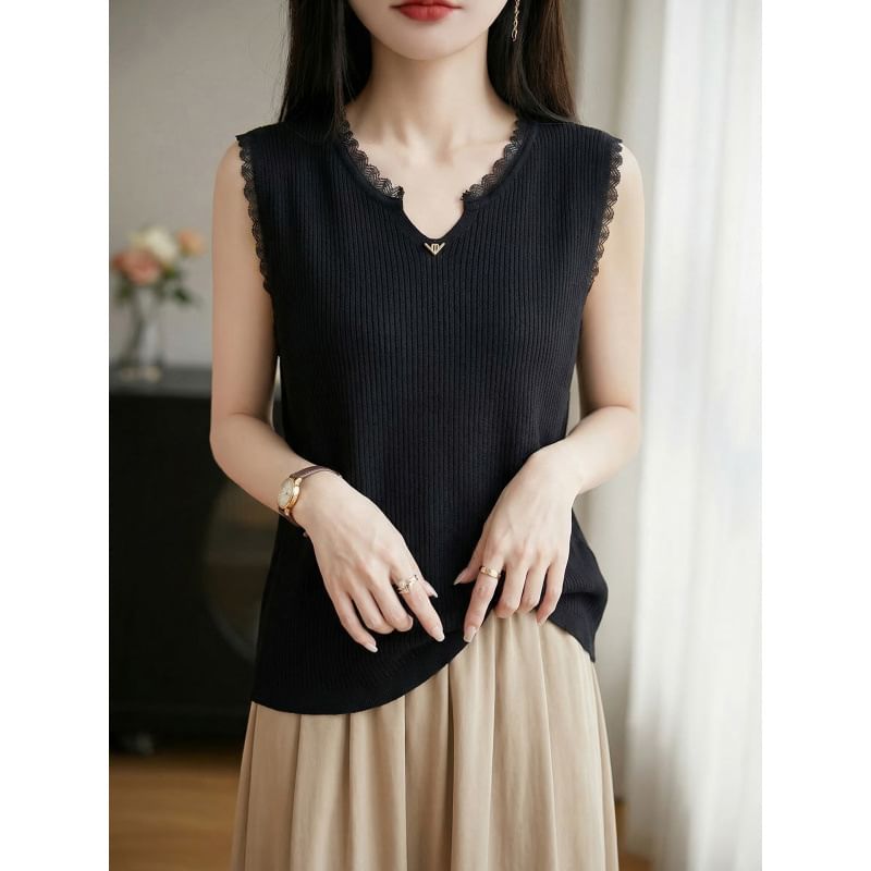 Sleeveless Notch Neck Plain Ribbed Knit Top