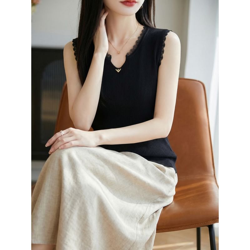Sleeveless Notch Neck Plain Ribbed Knit Top