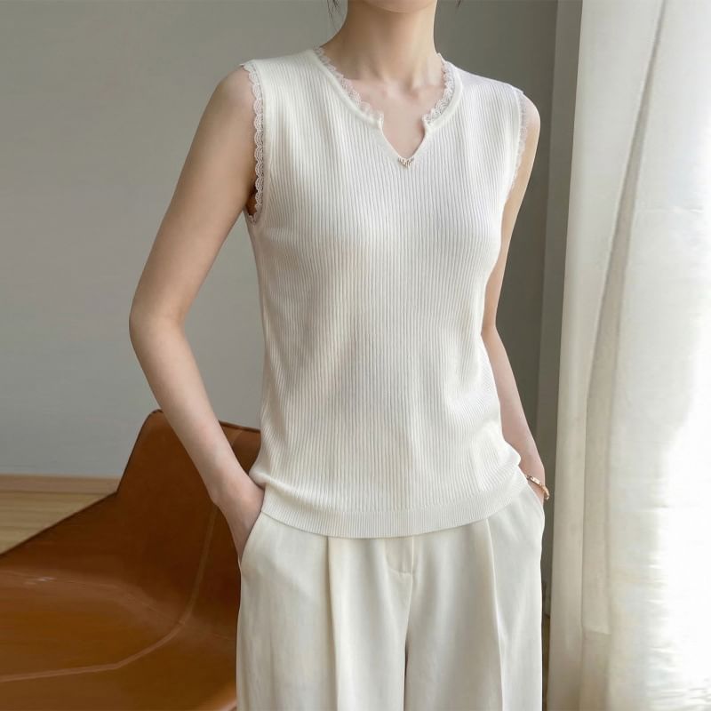 Sleeveless Notch Neck Plain Ribbed Knit Top