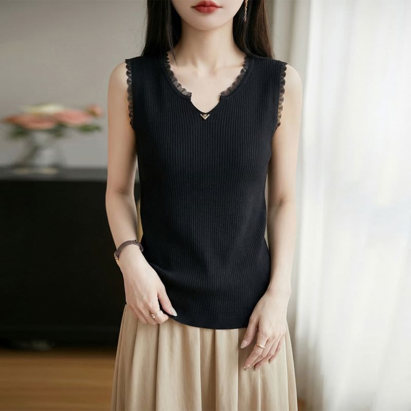 Sleeveless Notch Neck Plain Ribbed Knit Top