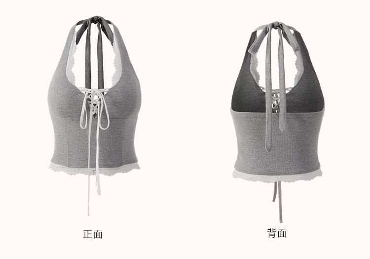 Halter V-Neck Lace Trim Padded Lace-Up Open Back Crop Top