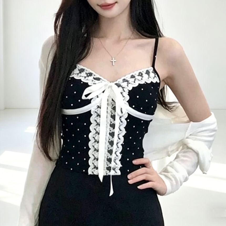 V-Neck Micro Dot Lace Panel Padded Crop Camisole Top
