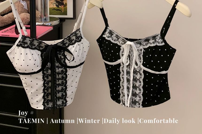 V-Neck Micro Dot Lace Panel Padded Crop Camisole Top
