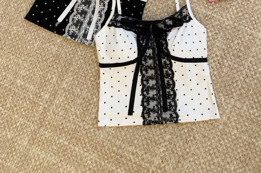 V-Neck Micro Dot Lace Panel Padded Crop Camisole Top