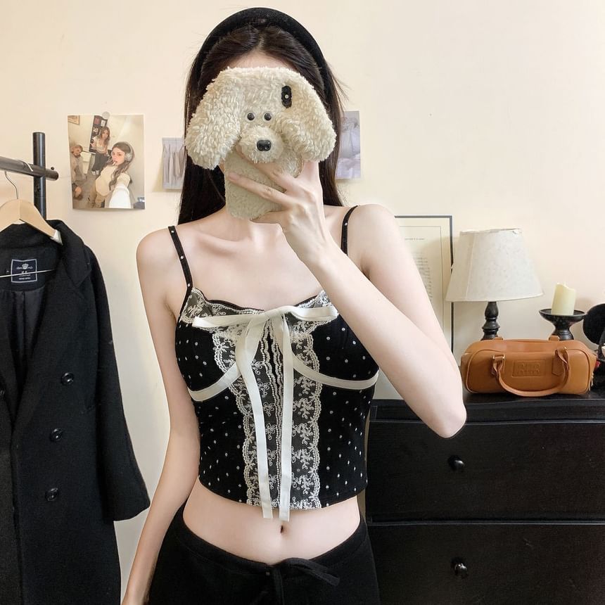V-Neck Micro Dot Lace Panel Padded Crop Camisole Top