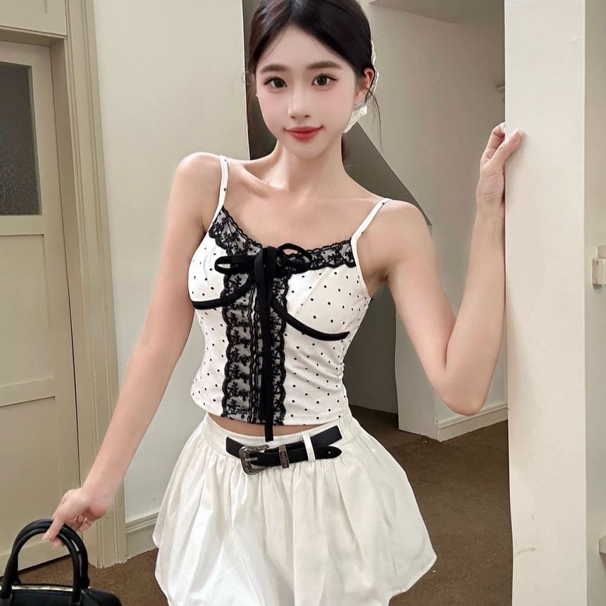 V-Neck Micro Dot Lace Panel Padded Crop Camisole Top