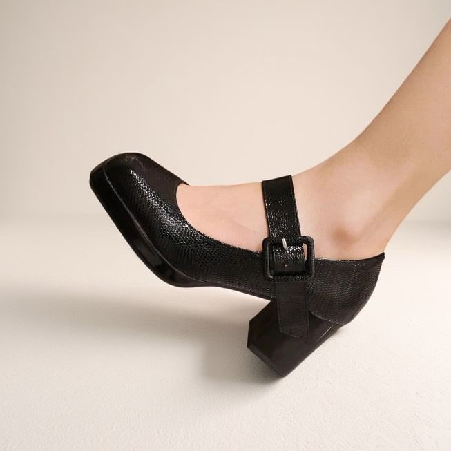 Block Heel Croc Grain Mary Jane Pumps