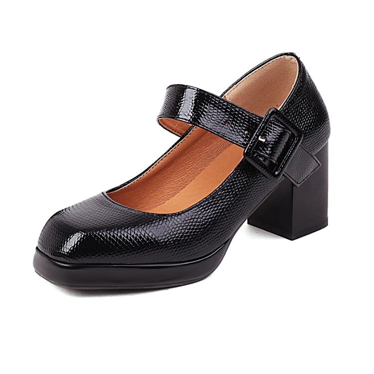 Block Heel Croc Grain Mary Jane Pumps