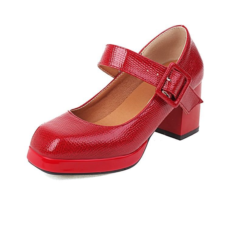 Block Heel Croc Grain Mary Jane Pumps