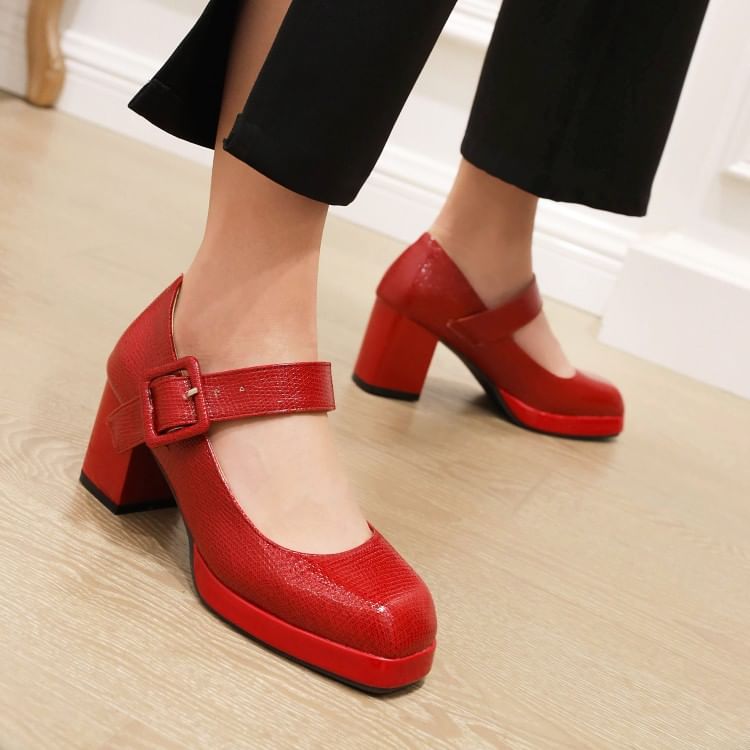 Block Heel Croc Grain Mary Jane Pumps