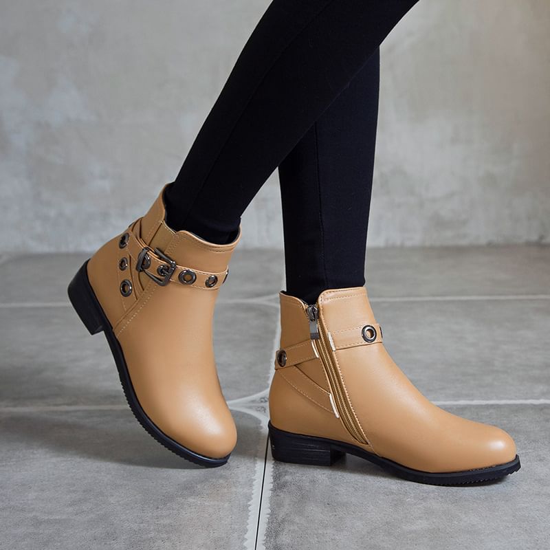 Low Heel Buckled Strap Short Boots