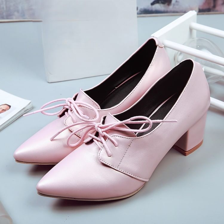 Block Heel Pointed Lace-Up Pumps
