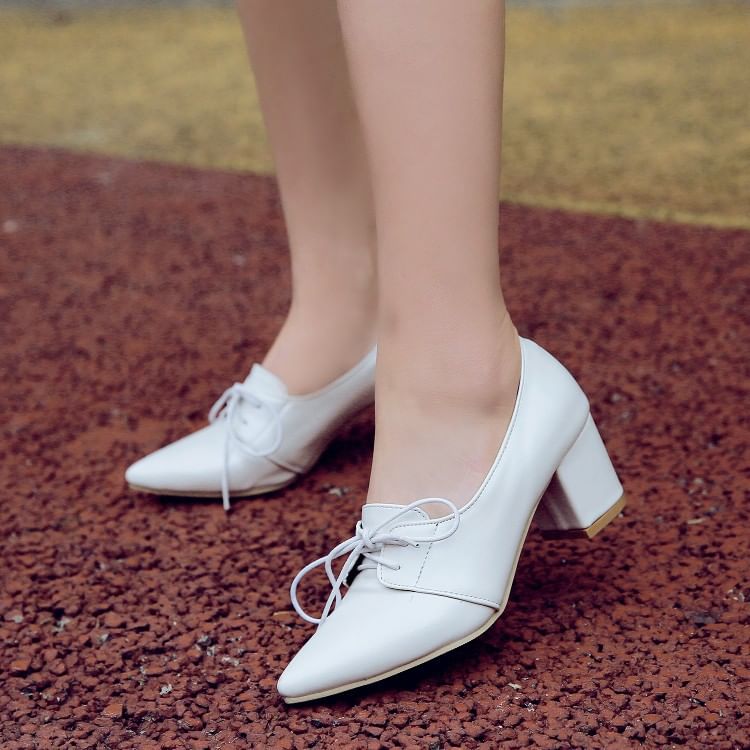 Block Heel Pointed Lace-Up Pumps