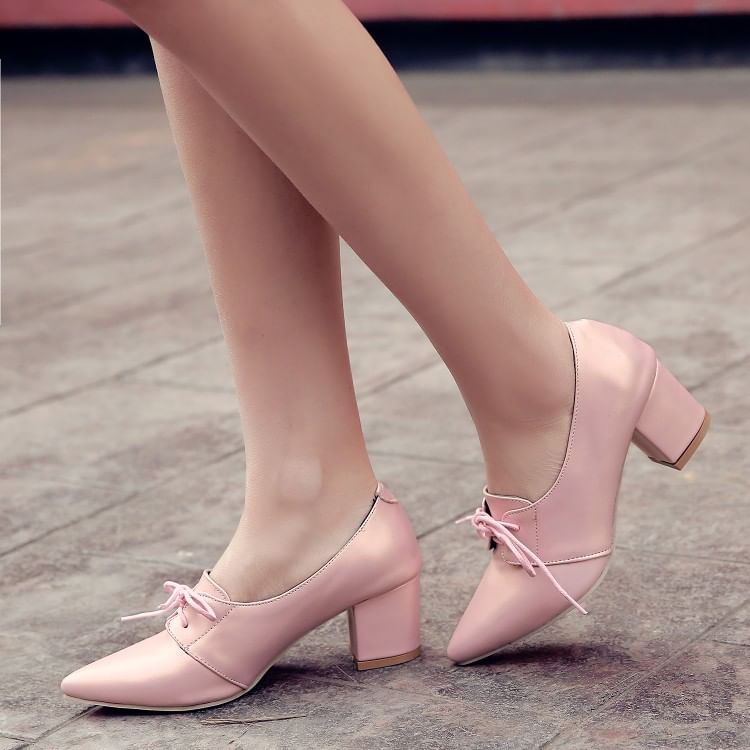 Block Heel Pointed Lace-Up Pumps