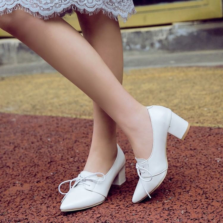 Block Heel Pointed Lace-Up Pumps