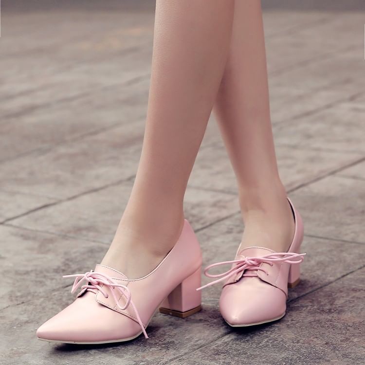 Block Heel Pointed Lace-Up Pumps