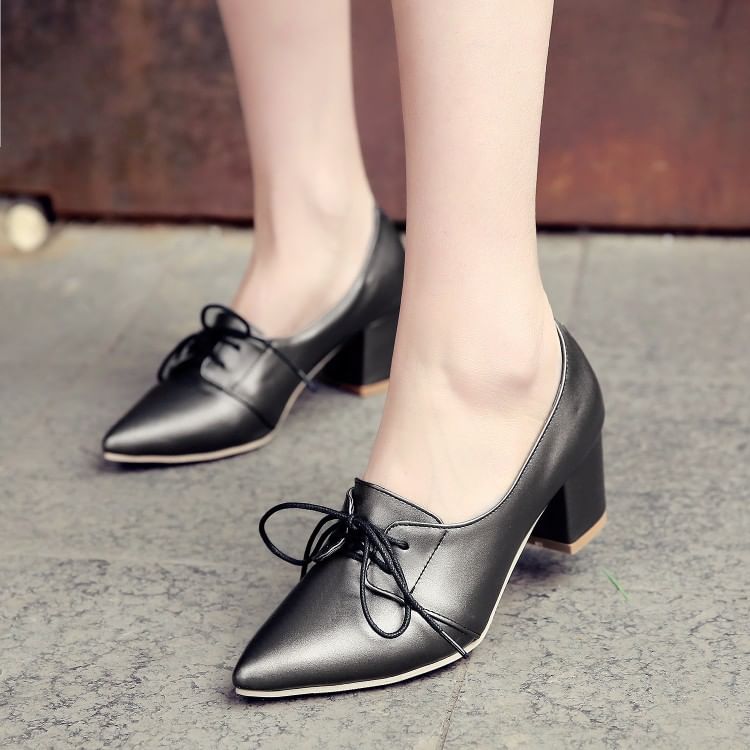 Block Heel Pointed Lace-Up Pumps