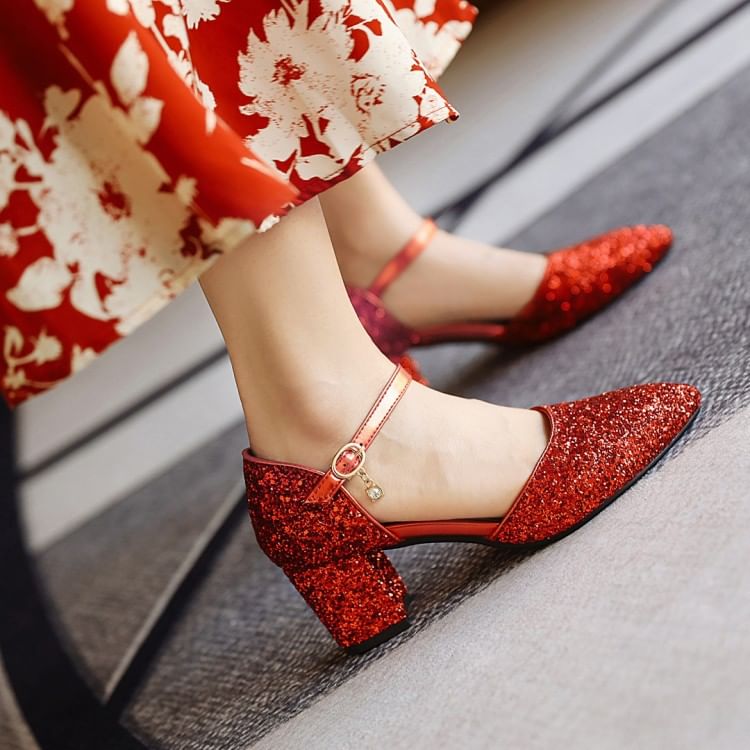 Block Heel Sequined D'Orsay Pumps