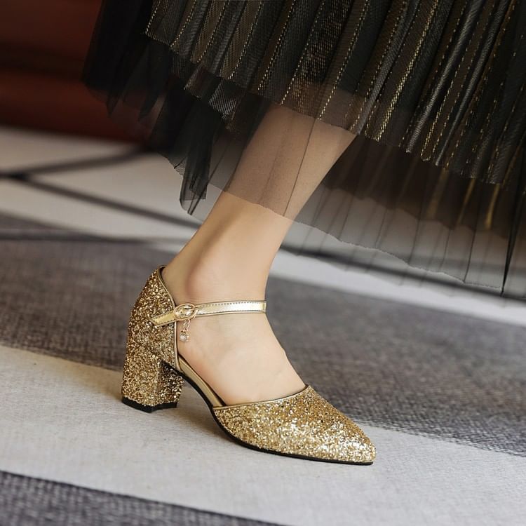 Block Heel Sequined D'Orsay Pumps
