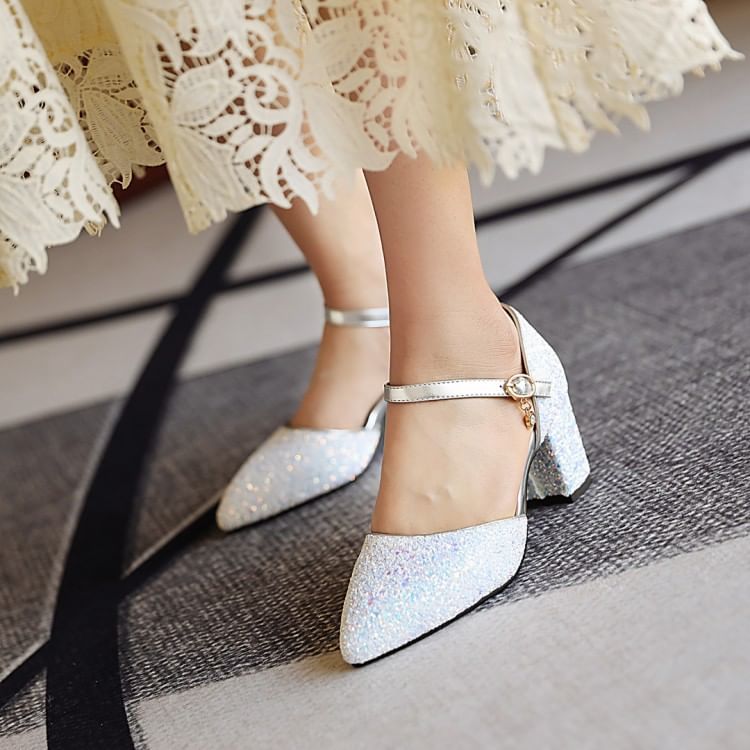 Block Heel Sequined D'Orsay Pumps