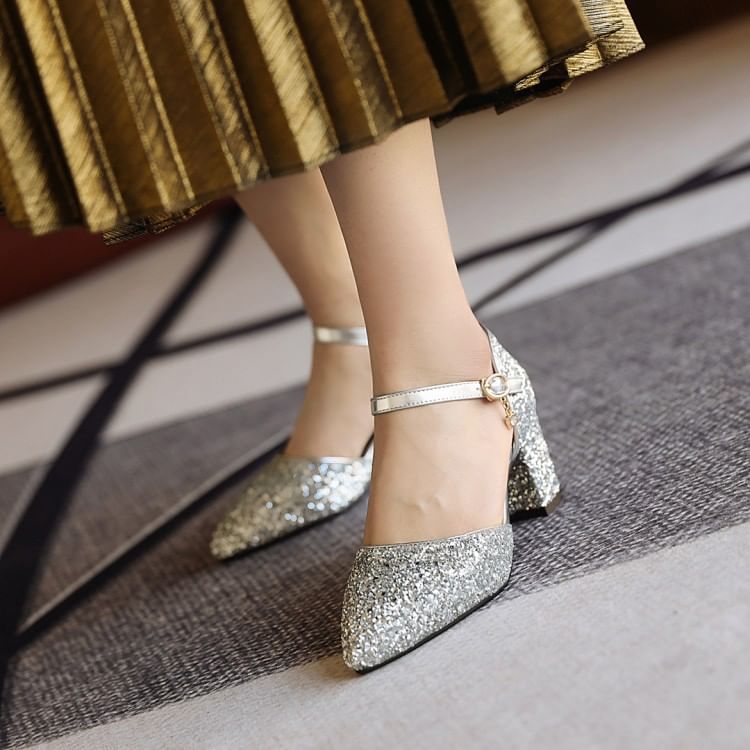 Block Heel Sequined D'Orsay Pumps