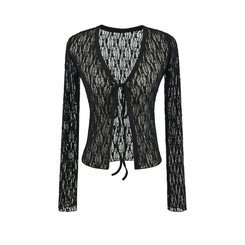 Long-Sleeve V-Neck Lace Tie Front Top